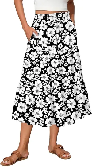 Midi Boho Floral Skirts for Women Trendy Tiered Drawstring High Elastic Waist A Line Skirt Comfy Flowy Skorts with Pockets
