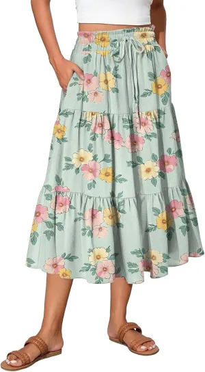 Midi Boho Floral Skirts for Women Trendy Tiered Drawstring High Elastic Waist Comfy Flowy A Line Skirt Skorts with Pockets