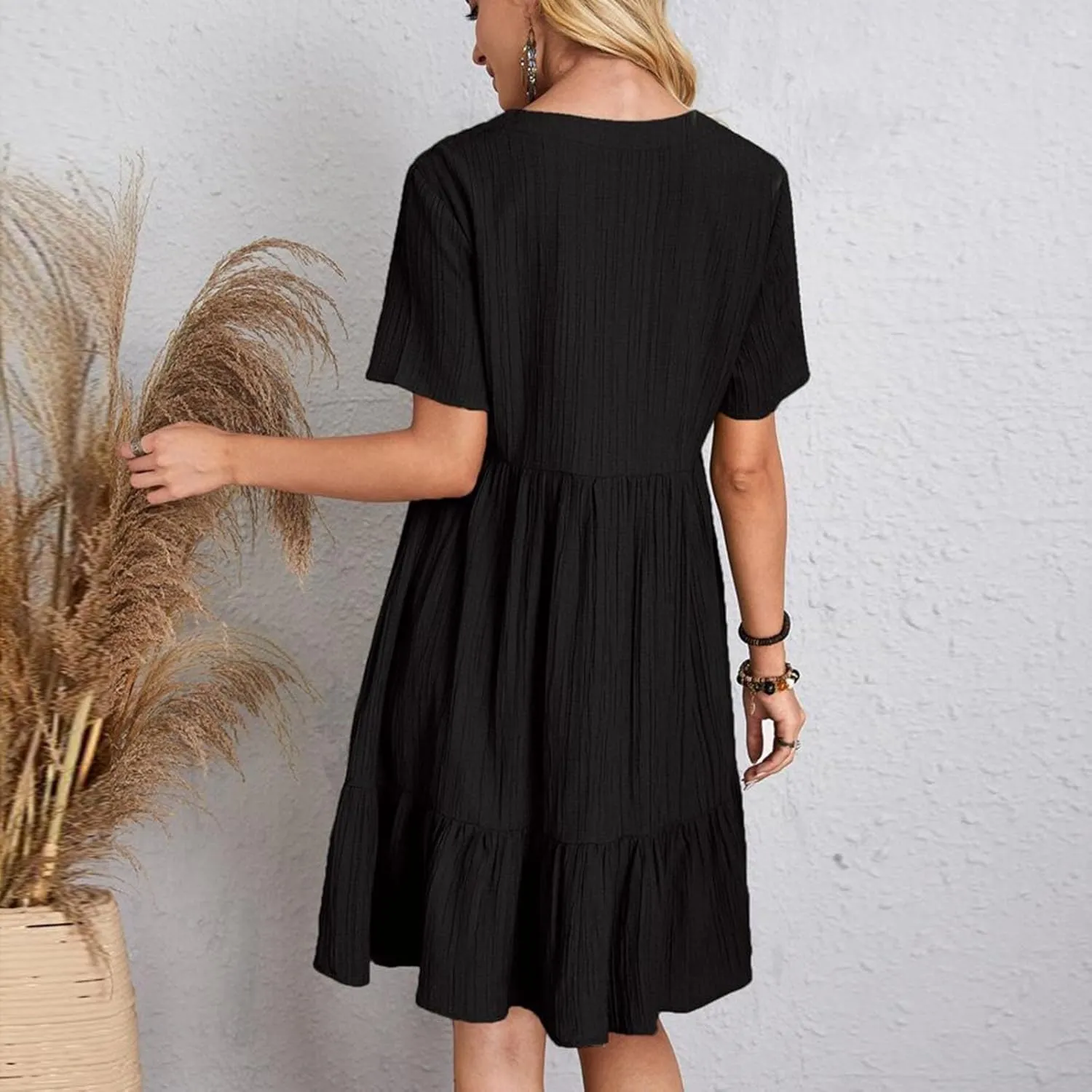 Midi Dresses for Women Ruched Empire Waist Casual Dresses Loose V Neck Short Sleeve Vacation Beach Summer Dresses