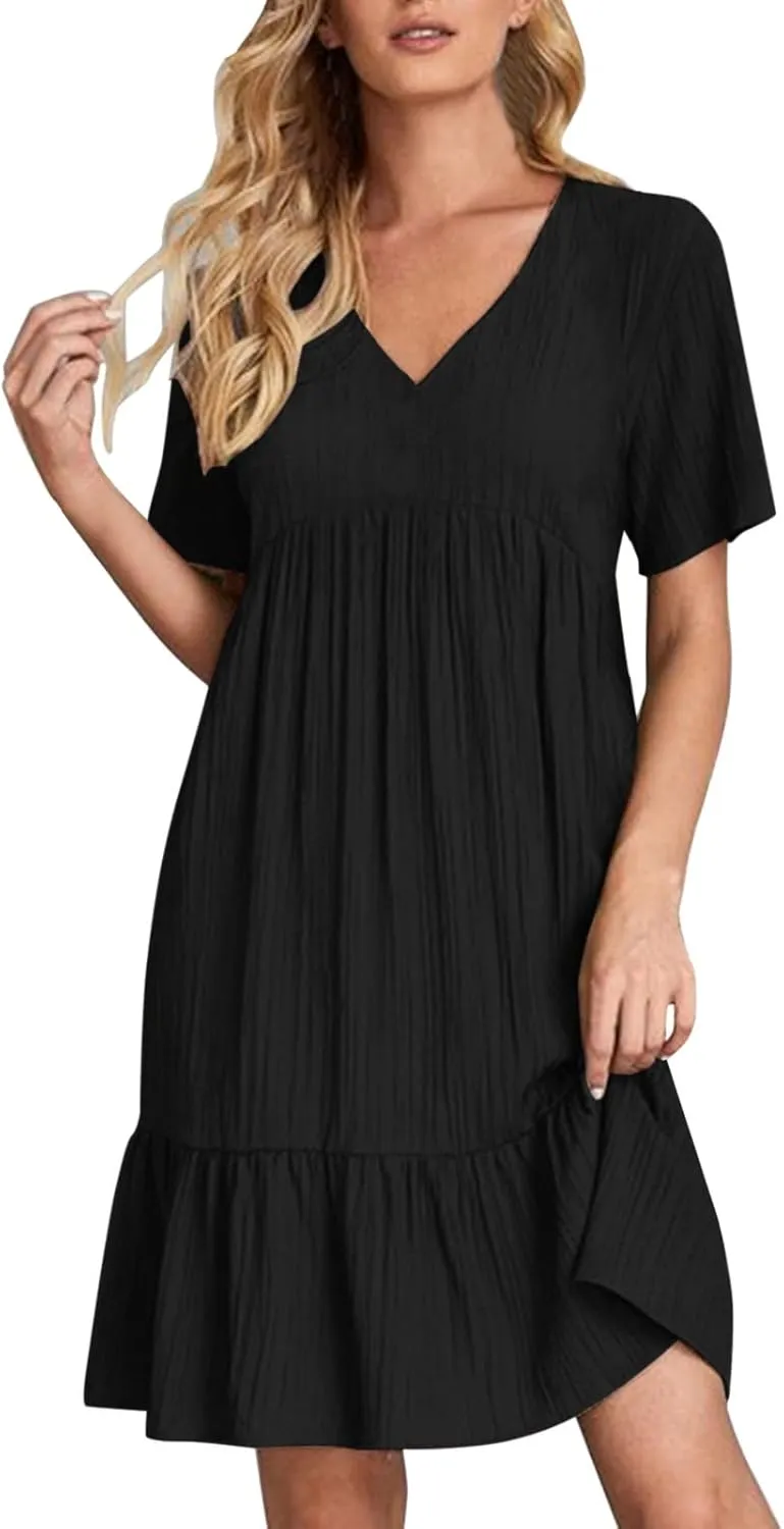 Midi Dresses for Women Ruched Empire Waist Casual Dresses Loose V Neck Short Sleeve Vacation Beach Summer Dresses