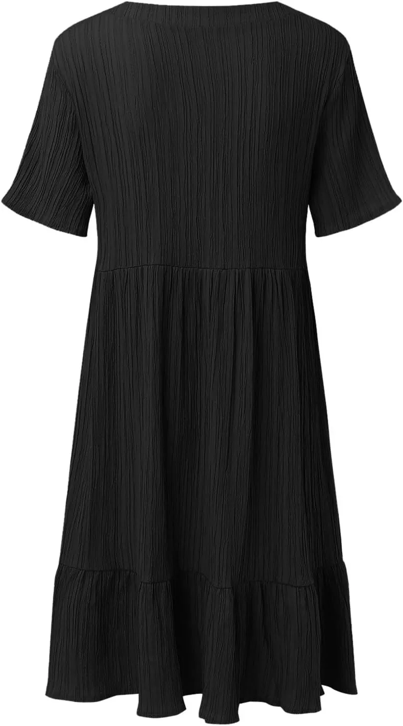 Midi Dresses for Women Ruched Empire Waist Casual Dresses Loose V Neck Short Sleeve Vacation Beach Summer Dresses