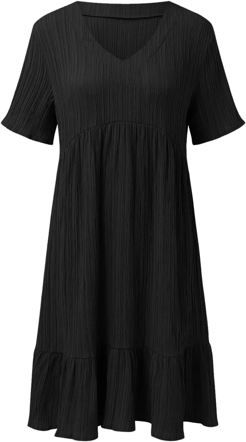 Midi Dresses for Women Ruched Empire Waist Casual Dresses Loose V Neck Short Sleeve Vacation Beach Summer Dresses