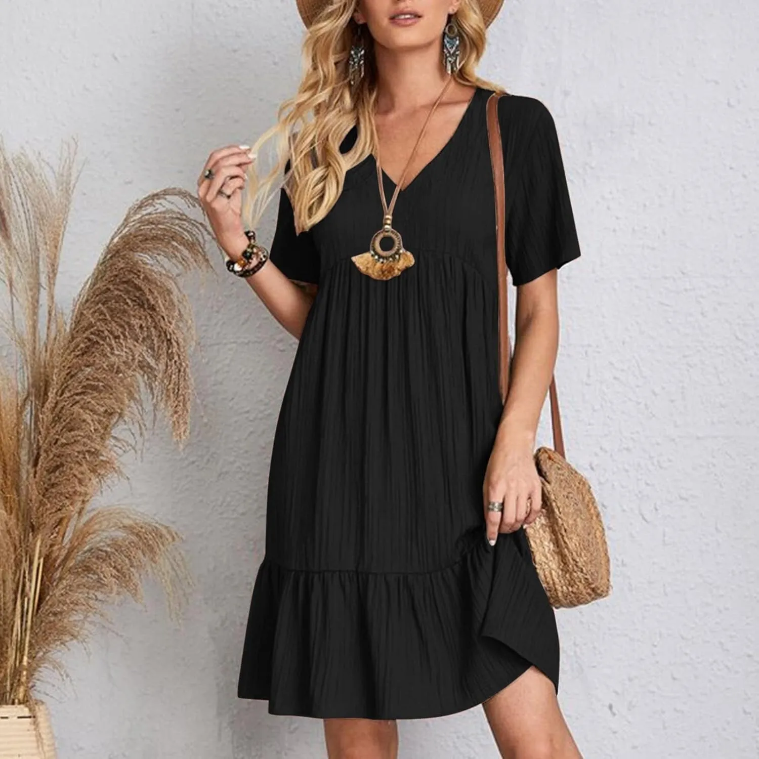 Midi Dresses for Women Ruched Empire Waist Casual Dresses Loose V Neck Short Sleeve Vacation Beach Summer Dresses