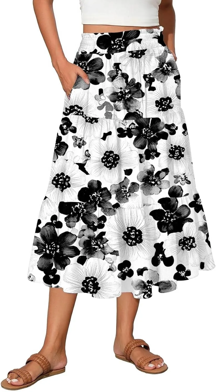 Midi Skirts for Women 2025 Boho Floral Skirts High Elastic Waisted A Line Tiered Ruffle Skirt Flowy Skorts with Pockets