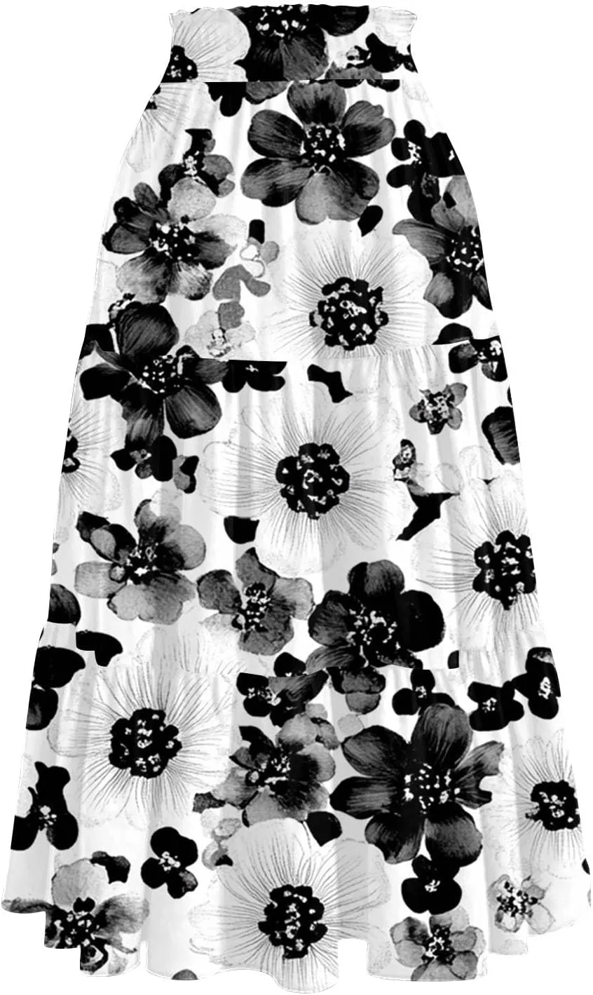 Midi Skirts for Women 2025 Boho Floral Skirts High Elastic Waisted A Line Tiered Ruffle Skirt Flowy Skorts with Pockets