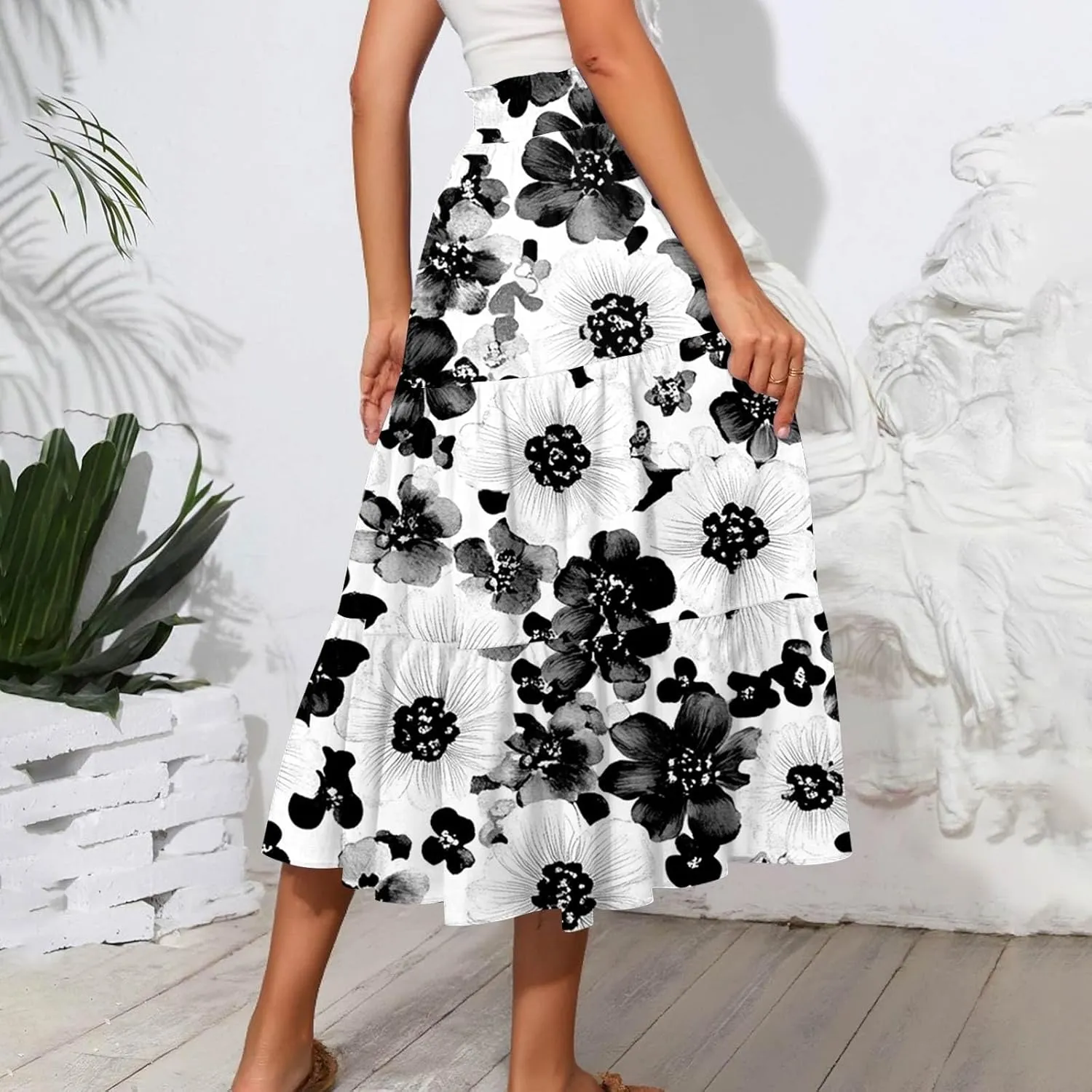 Midi Skirts for Women 2025 Boho Floral Skirts High Elastic Waisted A Line Tiered Ruffle Skirt Flowy Skorts with Pockets