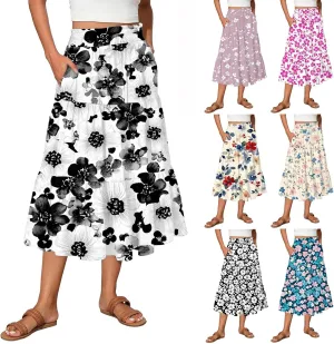 Midi Skirts for Women 2025 Boho Floral Skirts High Elastic Waisted A Line Tiered Ruffle Skirt Flowy Skorts with Pockets