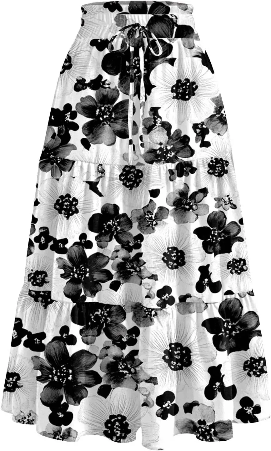 Midi Skirts for Women 2025 Boho Floral Skirts High Elastic Waisted A Line Tiered Ruffle Skirt Flowy Skorts with Pockets