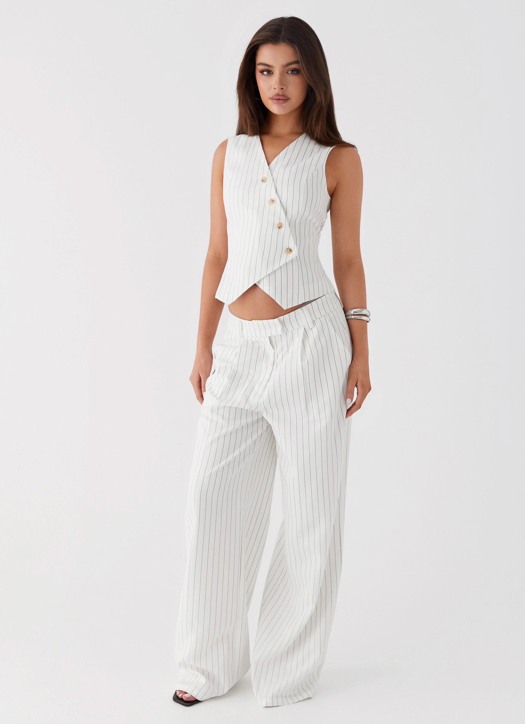 Midnight City Suit Pants - White Pinstripe Casual Chic Look