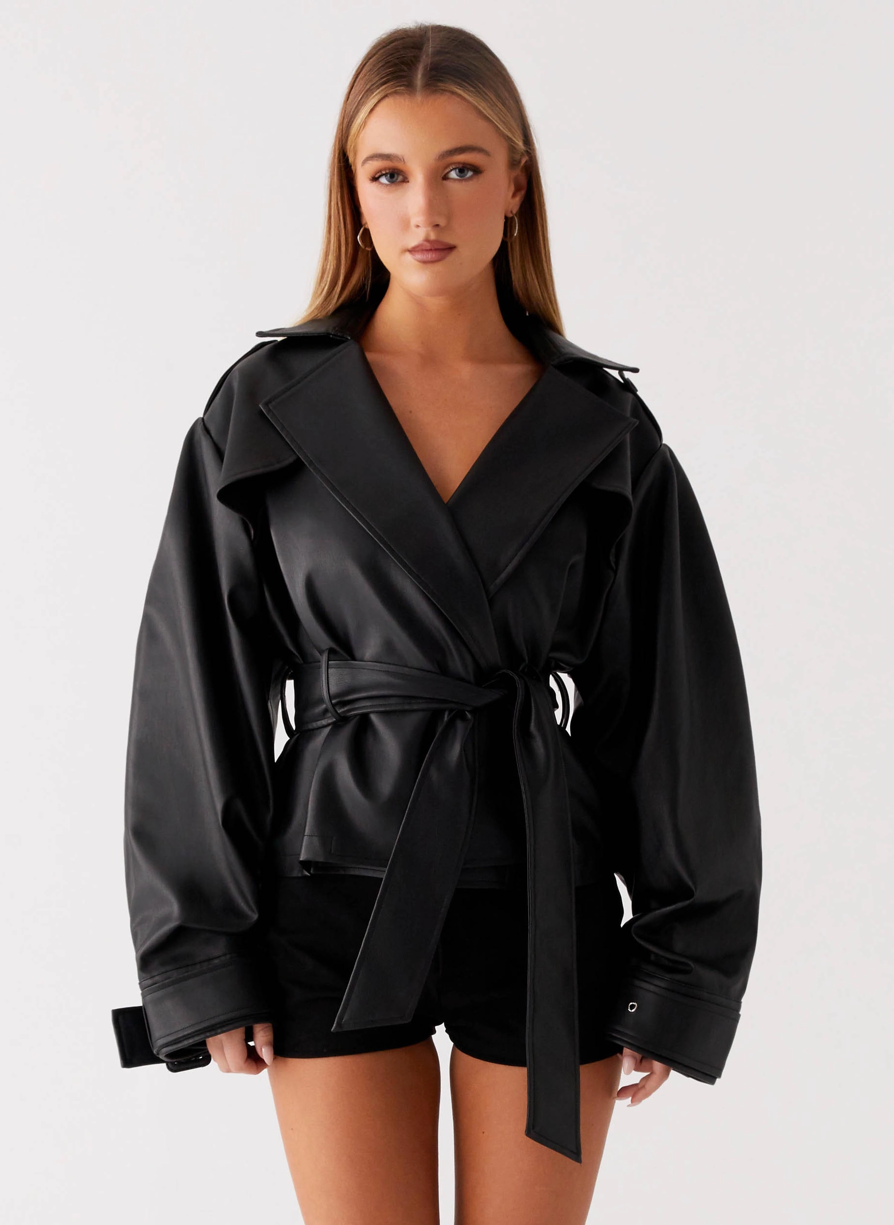 Midtown Leather Trench - Black Elastic Binding