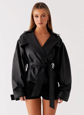 Midtown Leather Trench - Black Dual Layer Midtown Leather Trench - Black Elastic Binding