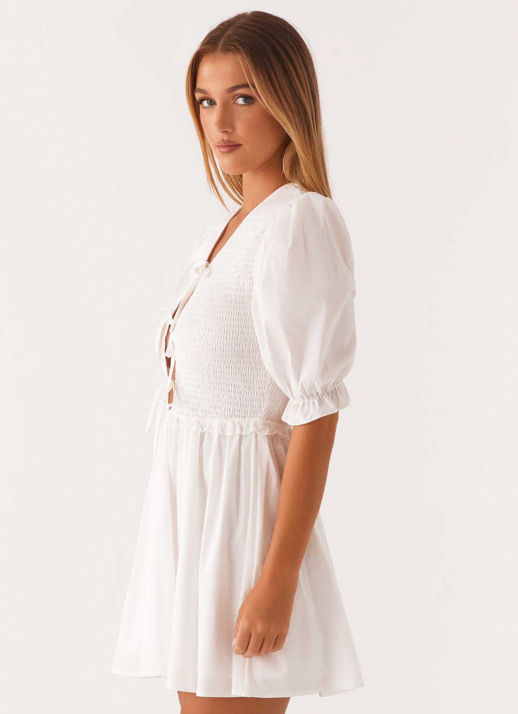 Charming Comfort Milana Shirred Puff Sleeve Mini Dress - White