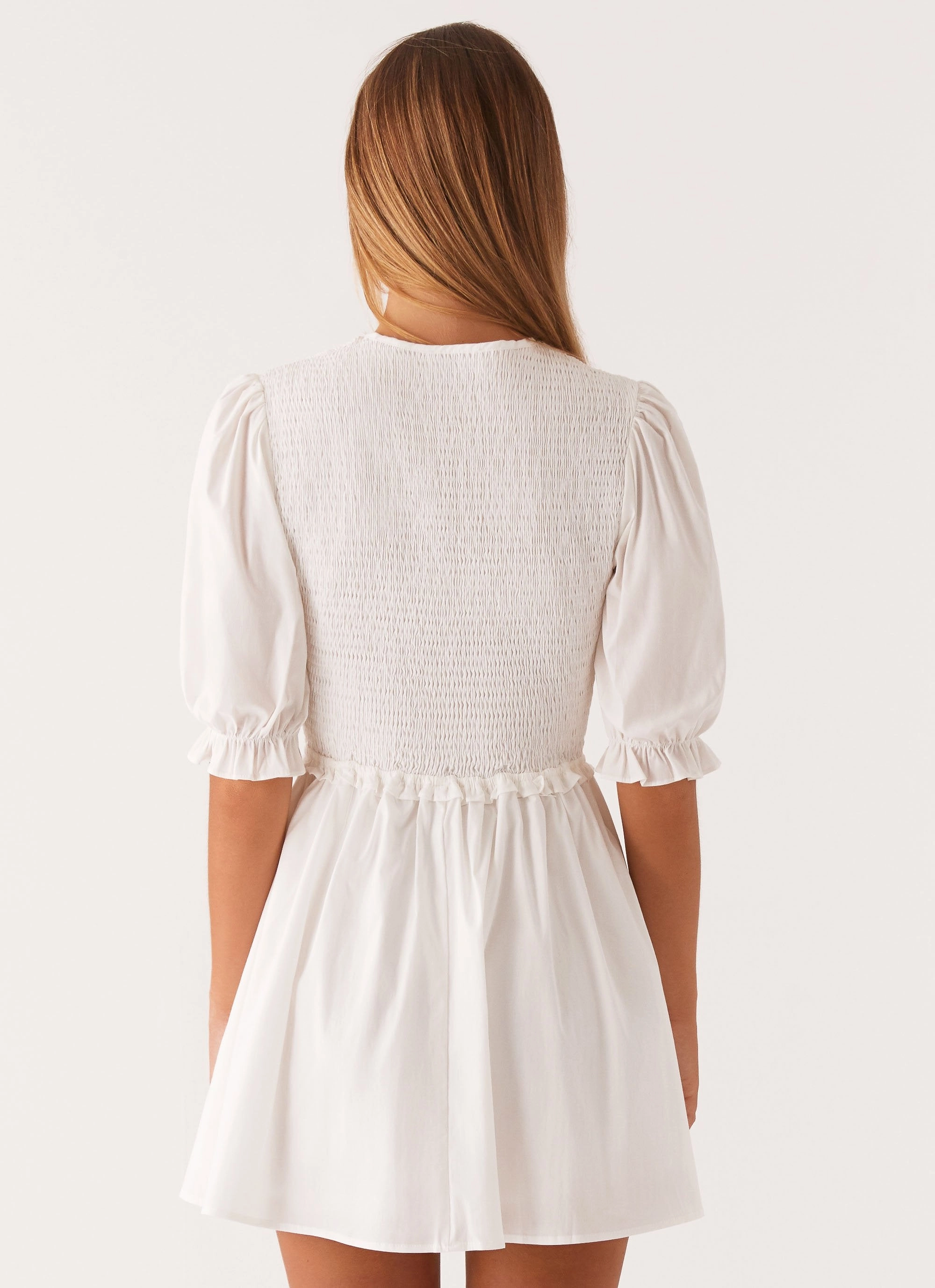 Milana Shirred Puff Sleeve Mini Dress - White Grace Flow Light Motion