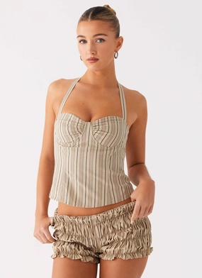 Mild Climate Cheryl Bustier Halter Top - Oatmeal Stripe Hooded Comfort Fit fall season Cheryl Bustier Halter Top - Oatmeal Stripe