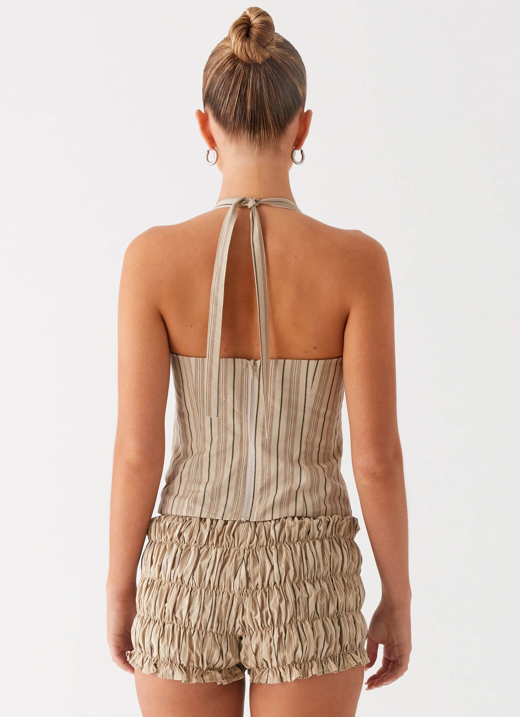 Lightweight insulation Textured Finish Cheryl Bustier Halter Top - Oatmeal Stripe