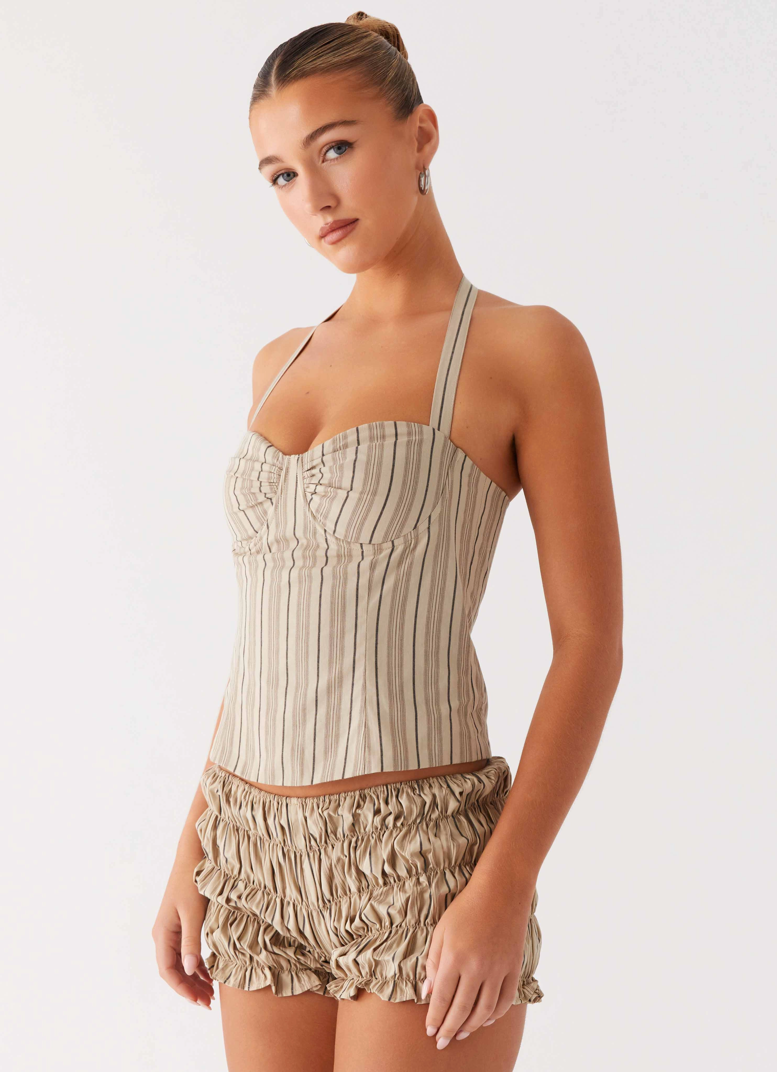 Cheryl Bustier Halter Top - Oatmeal Stripe Windproof Construction Adjustable Detachable Hood