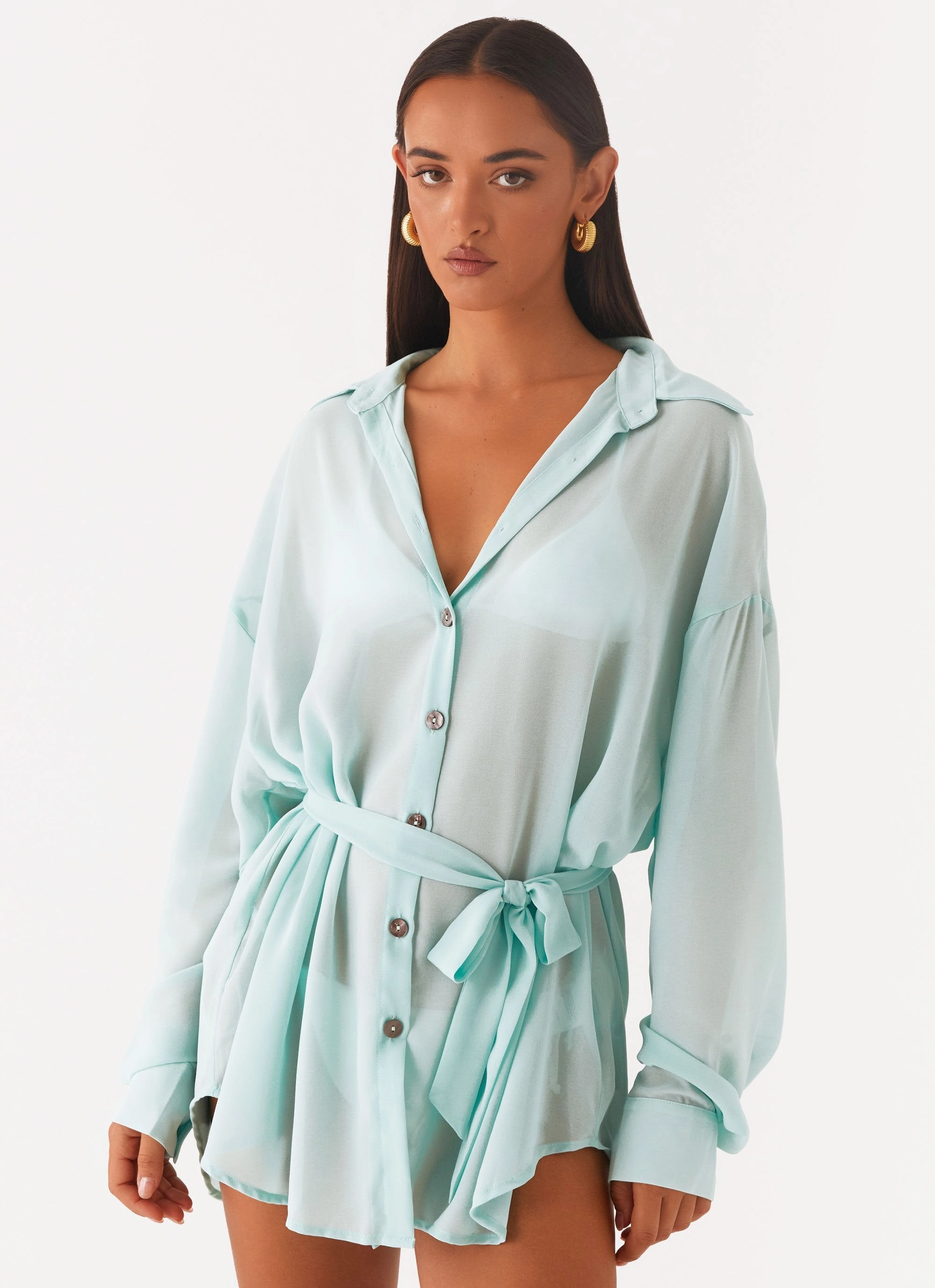 Miley Oversized Chiffon Shirt - Pale Blue Bold Prints Reinforced Shoulders
