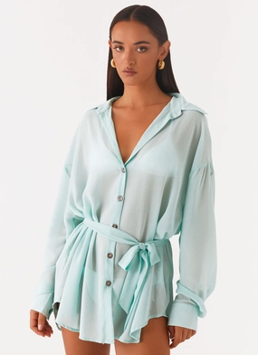 Miley Oversized Chiffon Shirt - Pale Blue Anti-static Miley Oversized Chiffon Shirt - Pale Blue Bold Prints Reinforced Shoulders