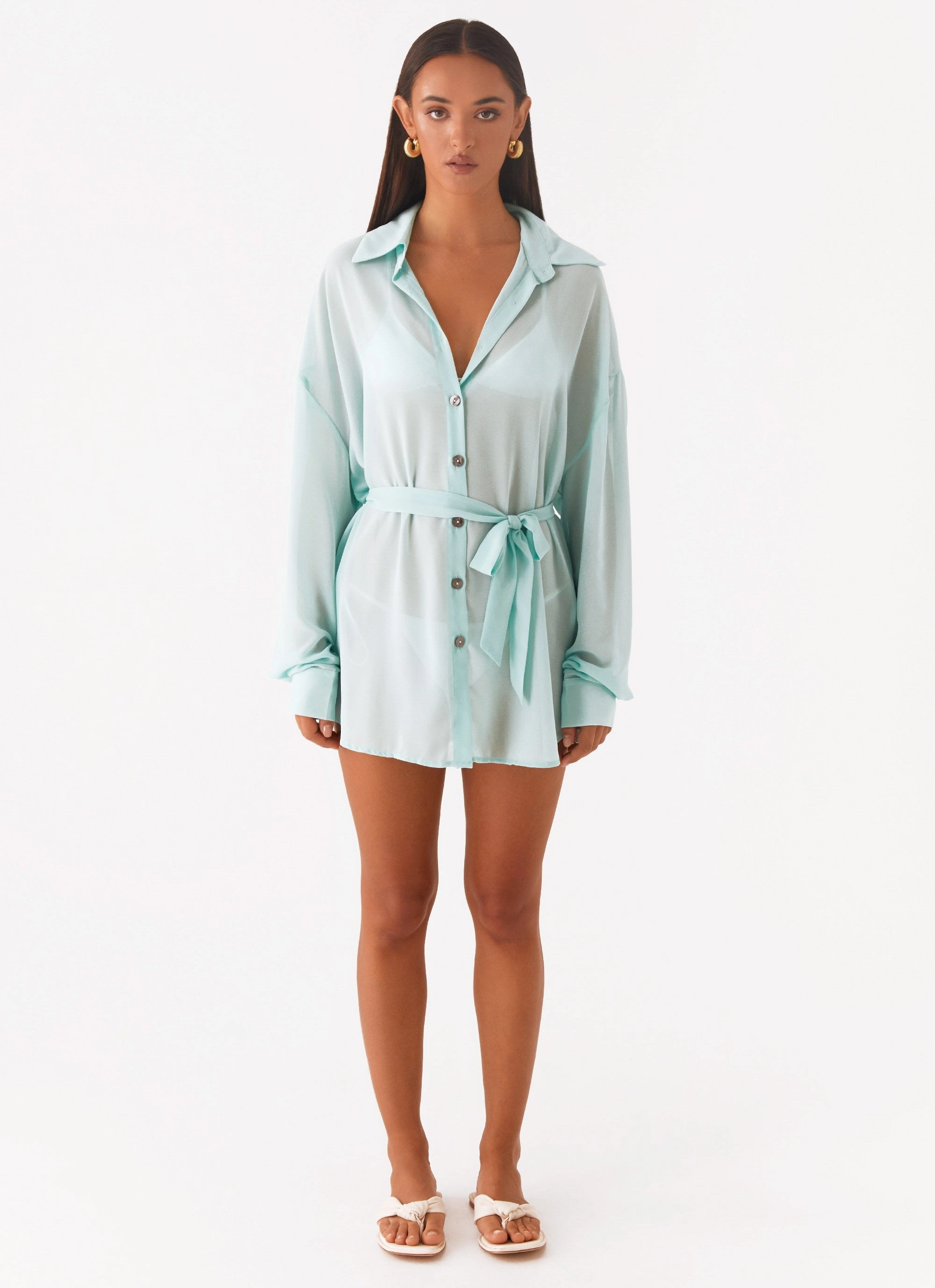 Miley Oversized Chiffon Shirt - Pale Blue Stretch Material