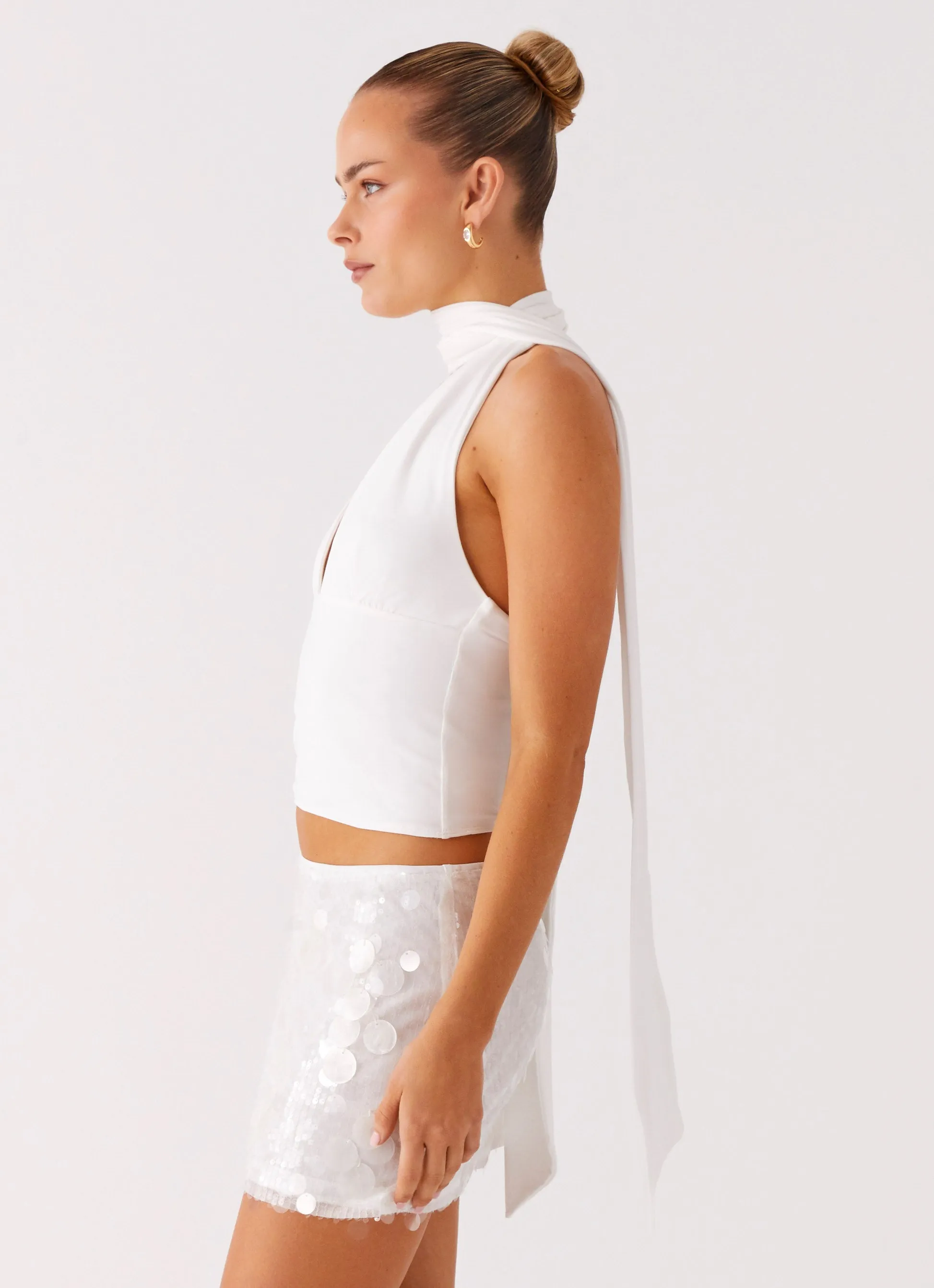 High Collar Option Loose Sweater Milos Scarf Halter Neck Top - White