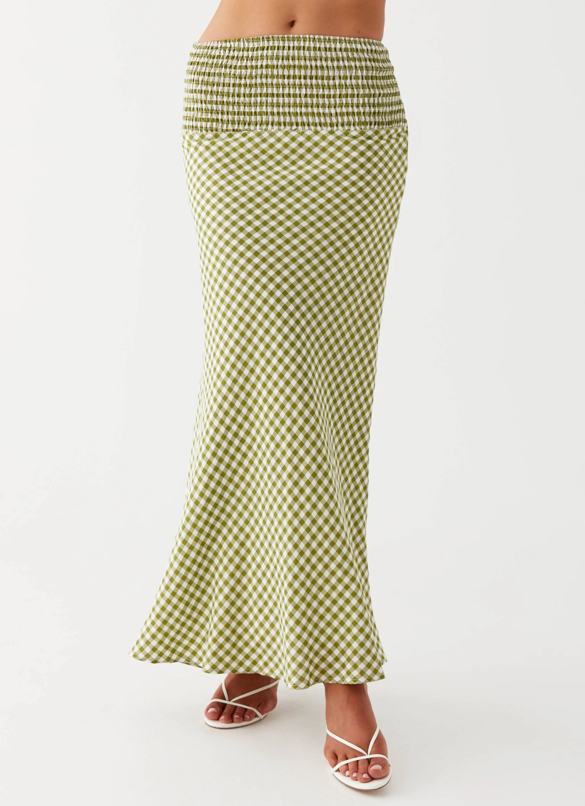 Leilani Maxi Skirt - Khaki Gingham Flexible Waistband Artistic Influence