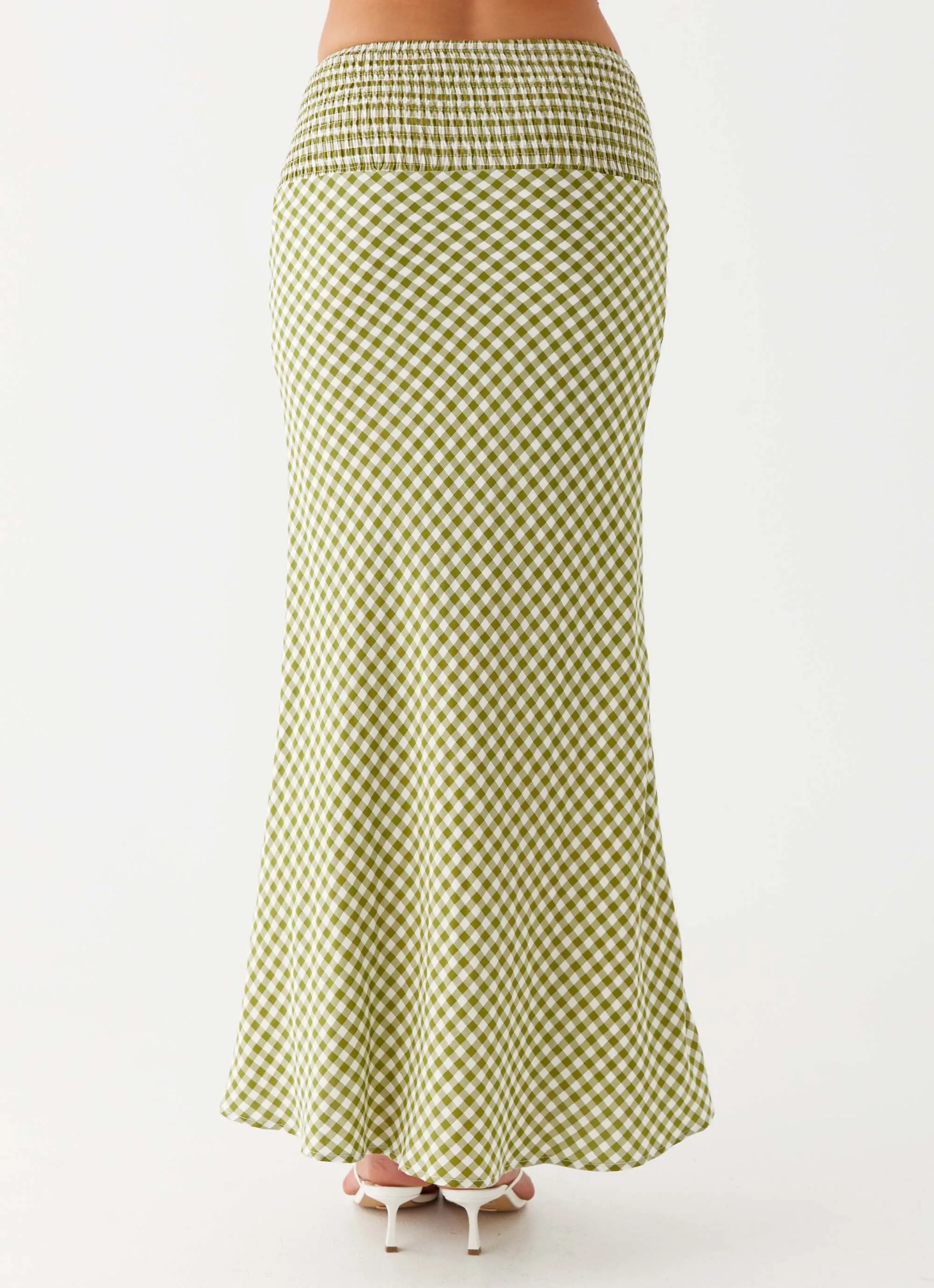 Flared hem Shape Enhancing Leilani Maxi Skirt - Khaki Gingham