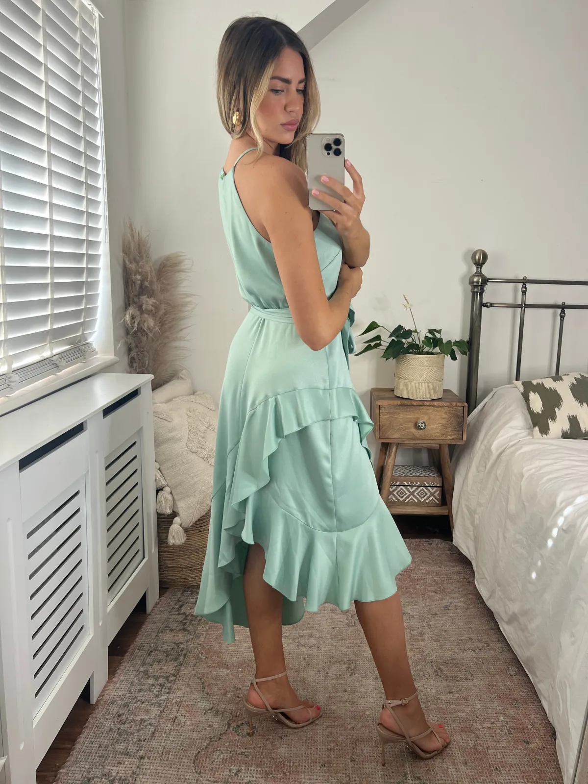 Flawless Fit Off-Shoulder Ariana Halter Frill Dress / Sage