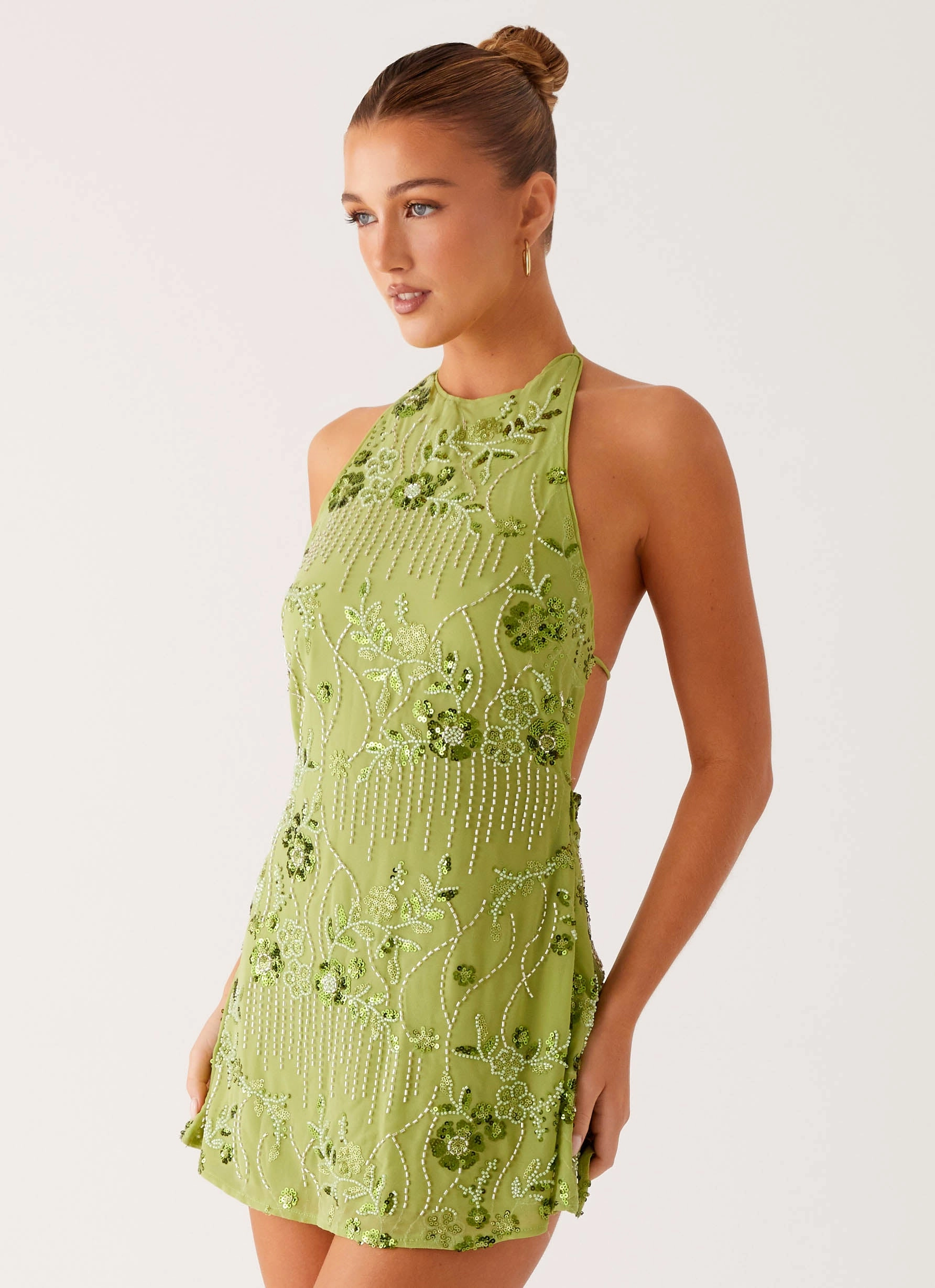 Leo Beaded Mini Dress - Green Neutral Finish