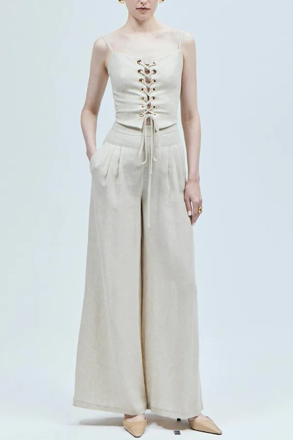 Mira Linen Blend Front Lace-up Slip Tank Top