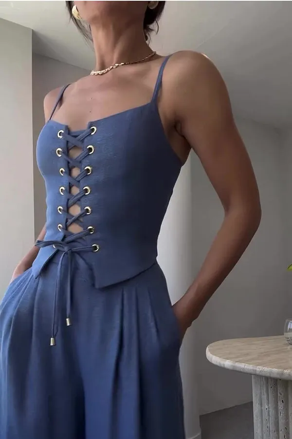 Mira Linen Blend Front Lace-up Slip Tank Top
