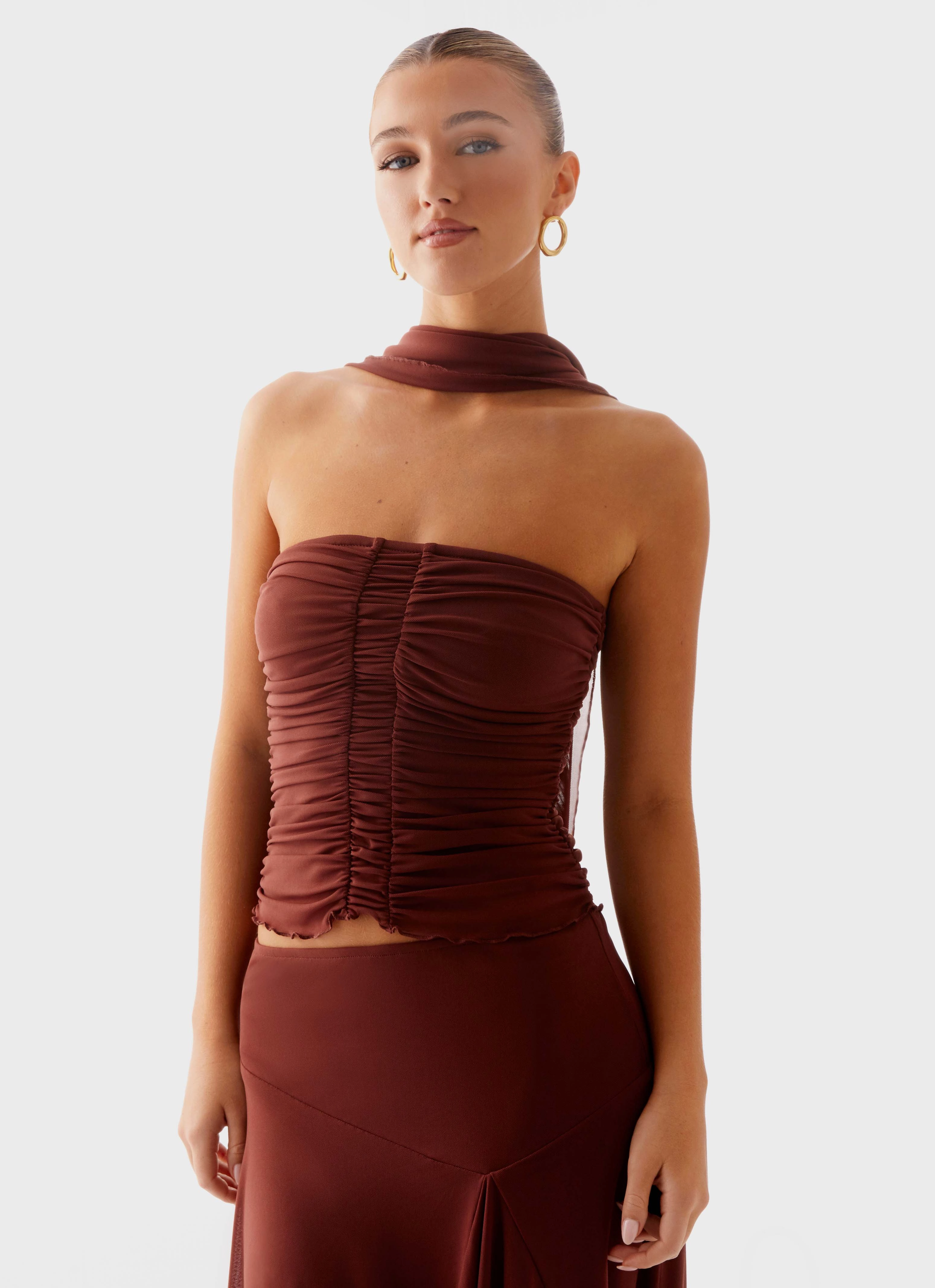 Anti Slip Shoulder Padding Four Way Stretch Mirage Scarf Top - Chocolate