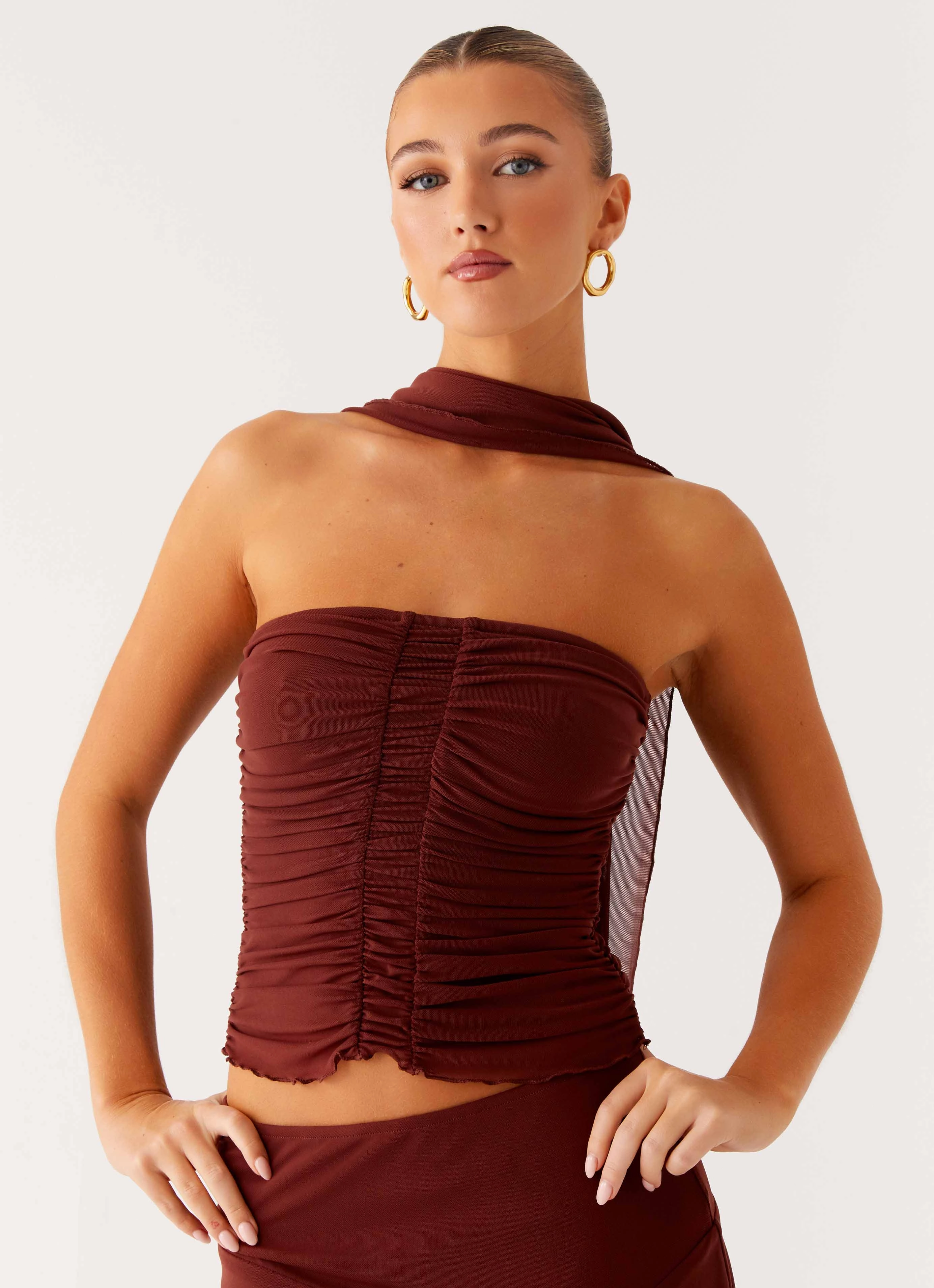 Mirage Scarf Top - Chocolate Flexible Waistband All-Purpose