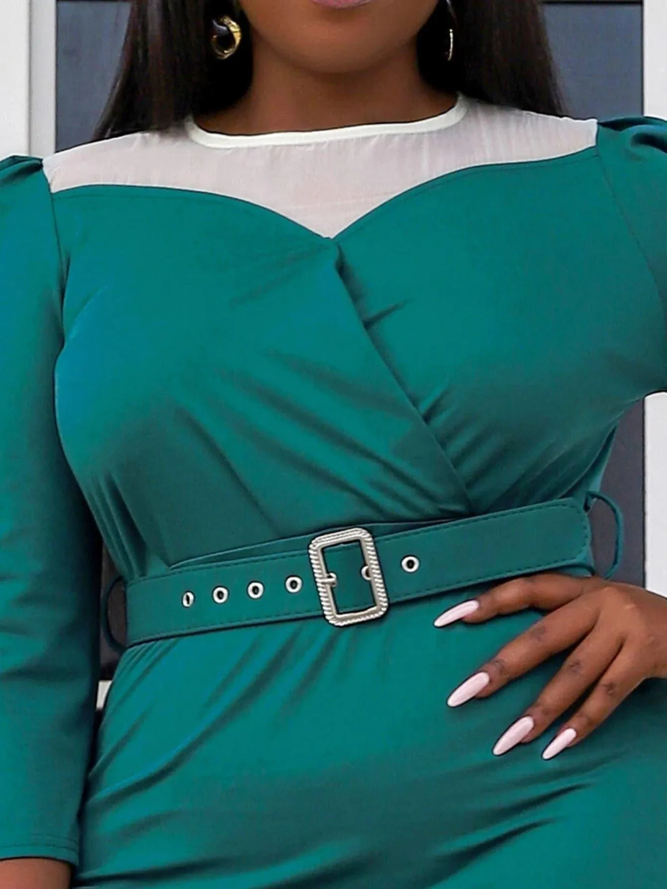 MISSORD Plus Contrast Panel Split Back Buckled Belted Dress P0186