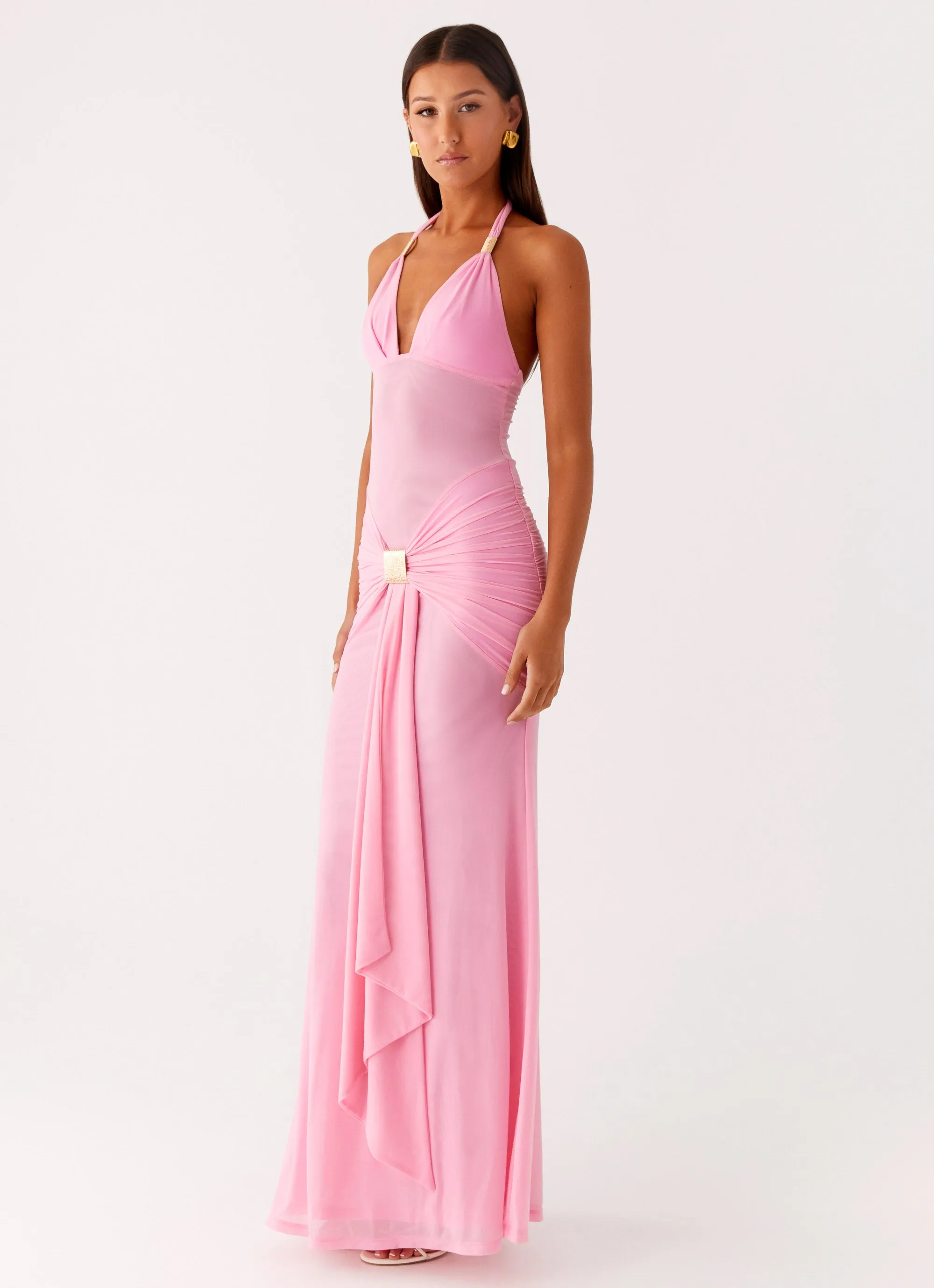 Travel Essential Winter Layering Miyah Halter Hardware Maxi Dress - Baby Pink