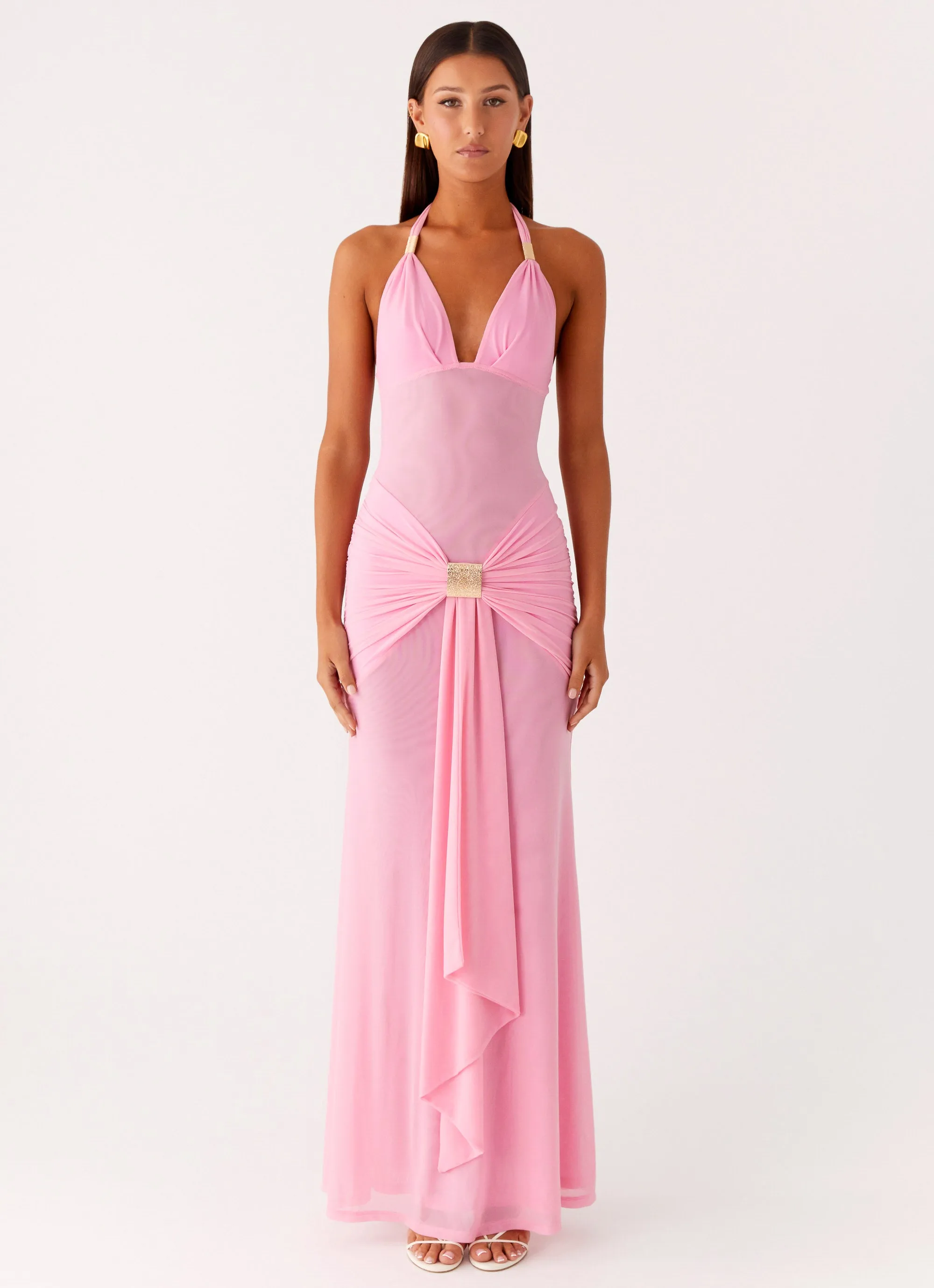 Ribbed Trim Miyah Halter Hardware Maxi Dress - Baby Pink