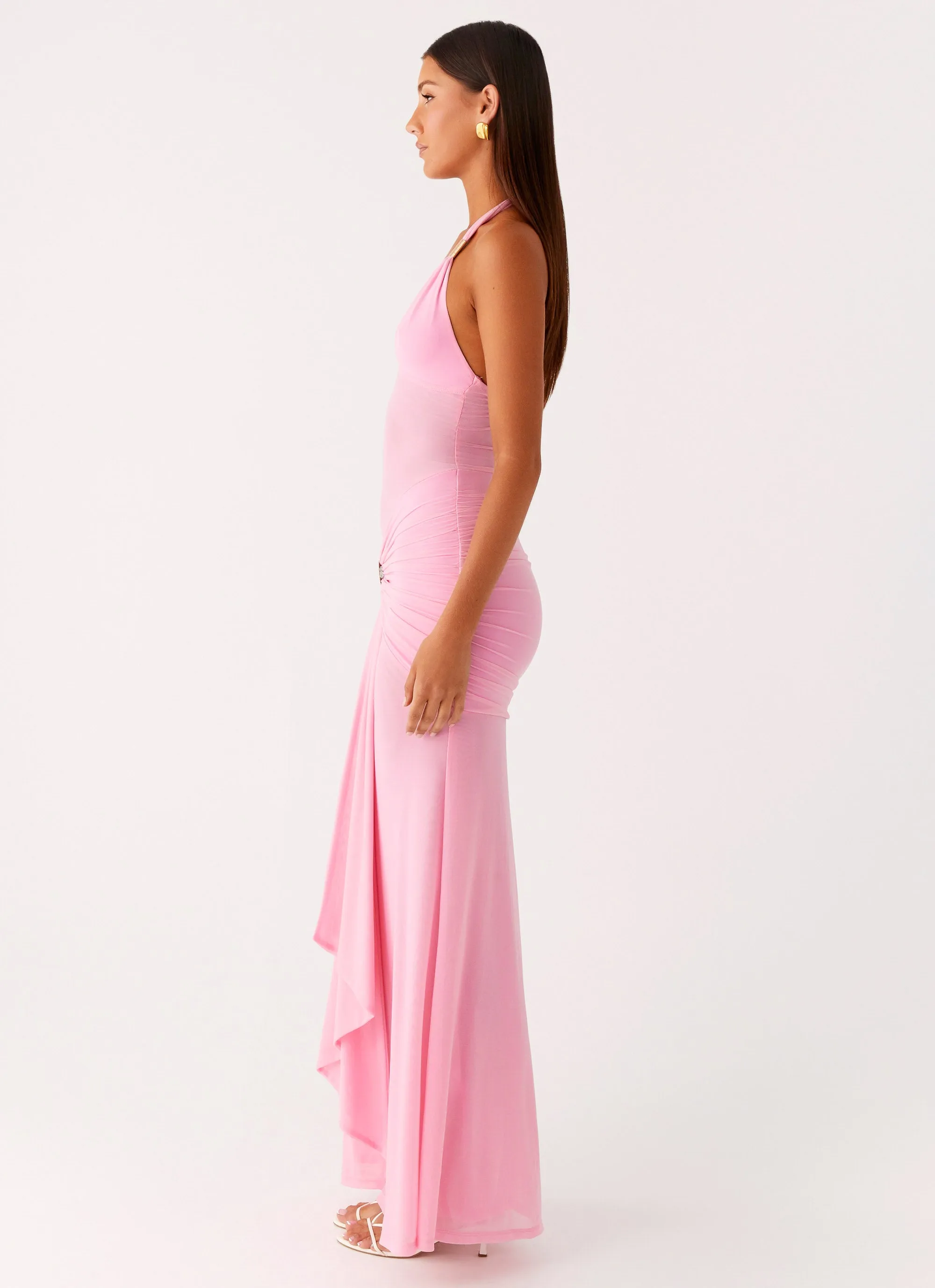 Button Down Design Miyah Halter Hardware Maxi Dress - Baby Pink