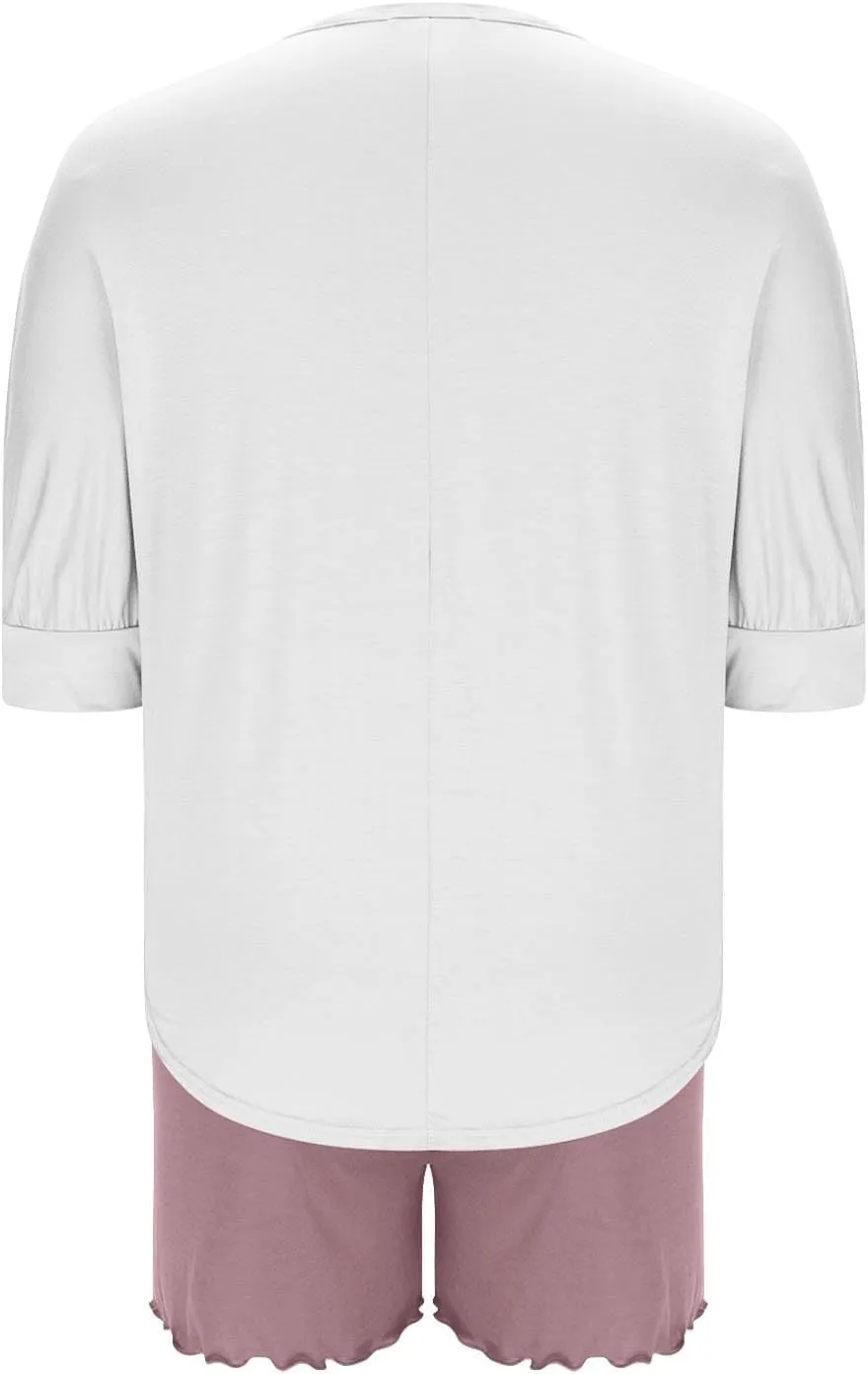 Modal Lounge Sets for Women 3/4 Length Sleeve V Neck Summer Tops Elastic Waist Shorts Summer Outfits Cozy Pajama Sets