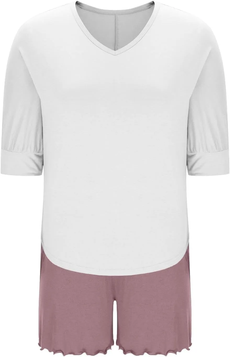 Modal Lounge Sets for Women 3/4 Length Sleeve V Neck Summer Tops Elastic Waist Shorts Summer Outfits Cozy Pajama Sets