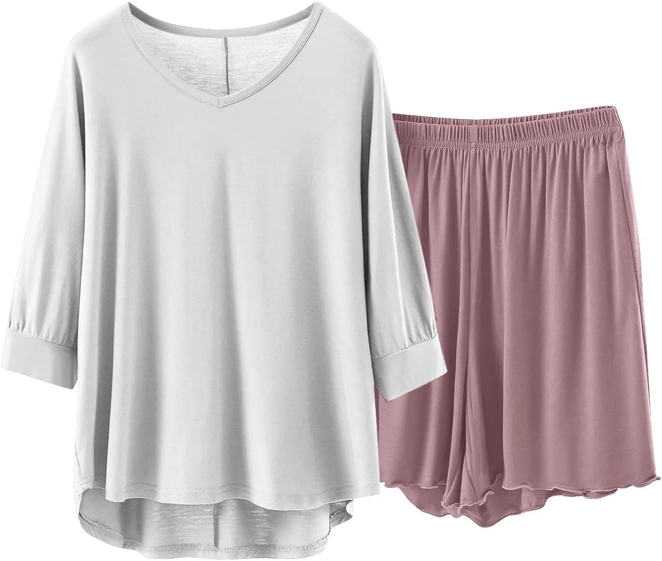 Modal Lounge Sets for Women 3/4 Length Sleeve V Neck Summer Tops Elastic Waist Shorts Summer Outfits Cozy Pajama Sets