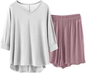 Modal Lounge Sets for Women 3/4 Length Sleeve V Neck Summer Tops Elastic Waist Shorts Summer Outfits Cozy Pajama Sets