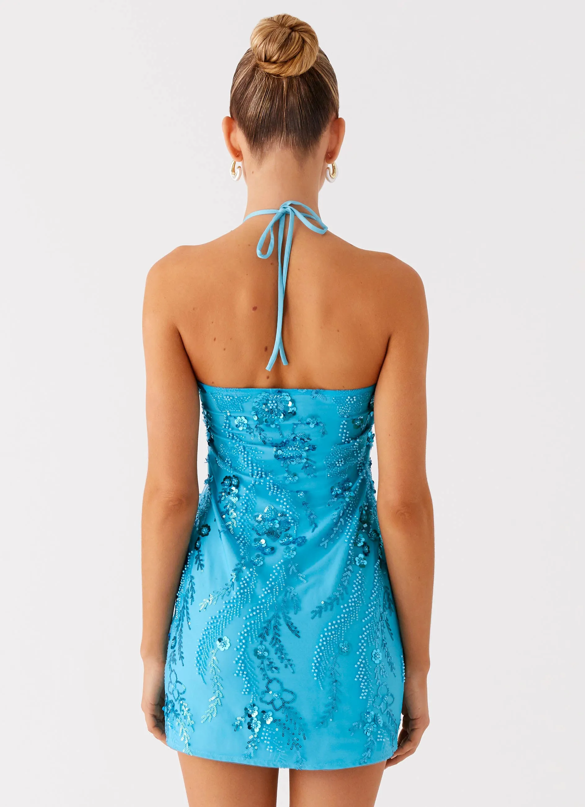 Layered Sleeve Cuffs Breathable Material Bebe Beaded Mini Dress - Royal Blue