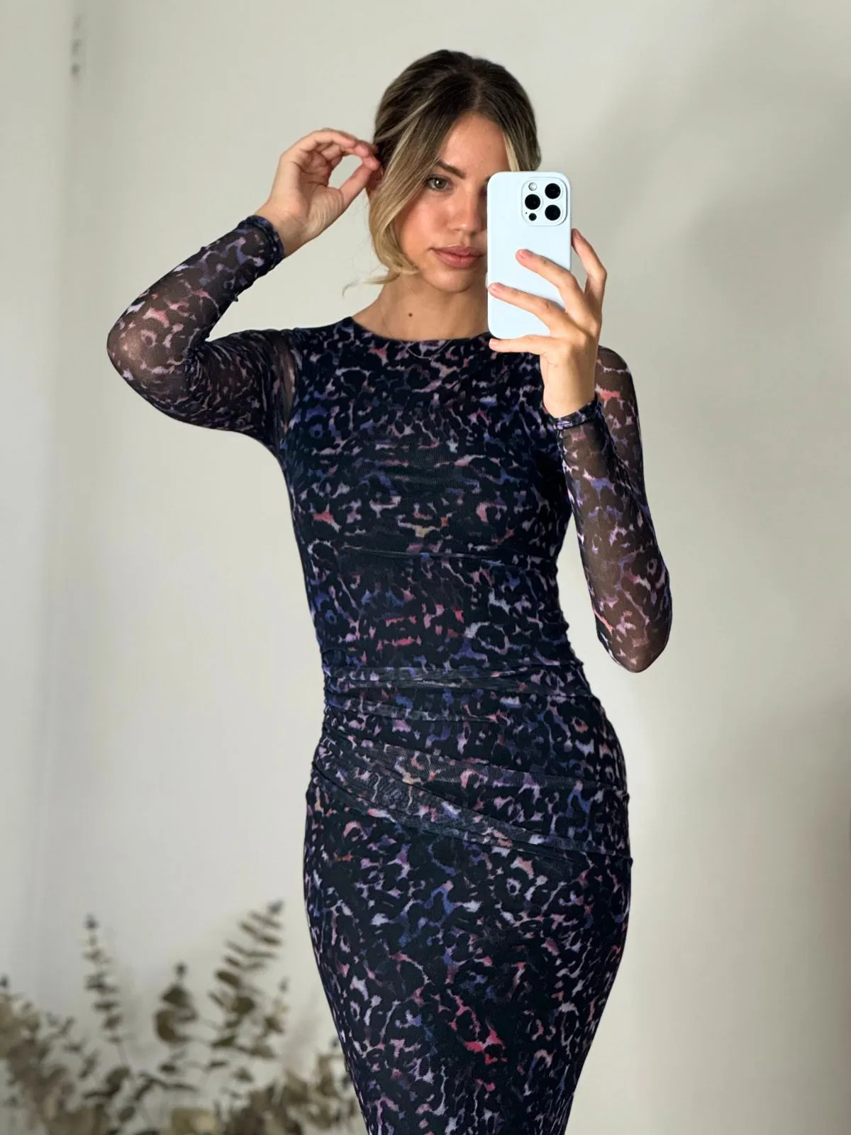 Daywear Comfort Maeva Mesh Long Sleeve Maxi Dress / Purple Animal