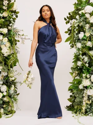Modern Fit Twist Neck Satin Maxi Dress / Navy Twist Neck Satin Maxi Dress / Navy Tailored Waistband Comfy Look