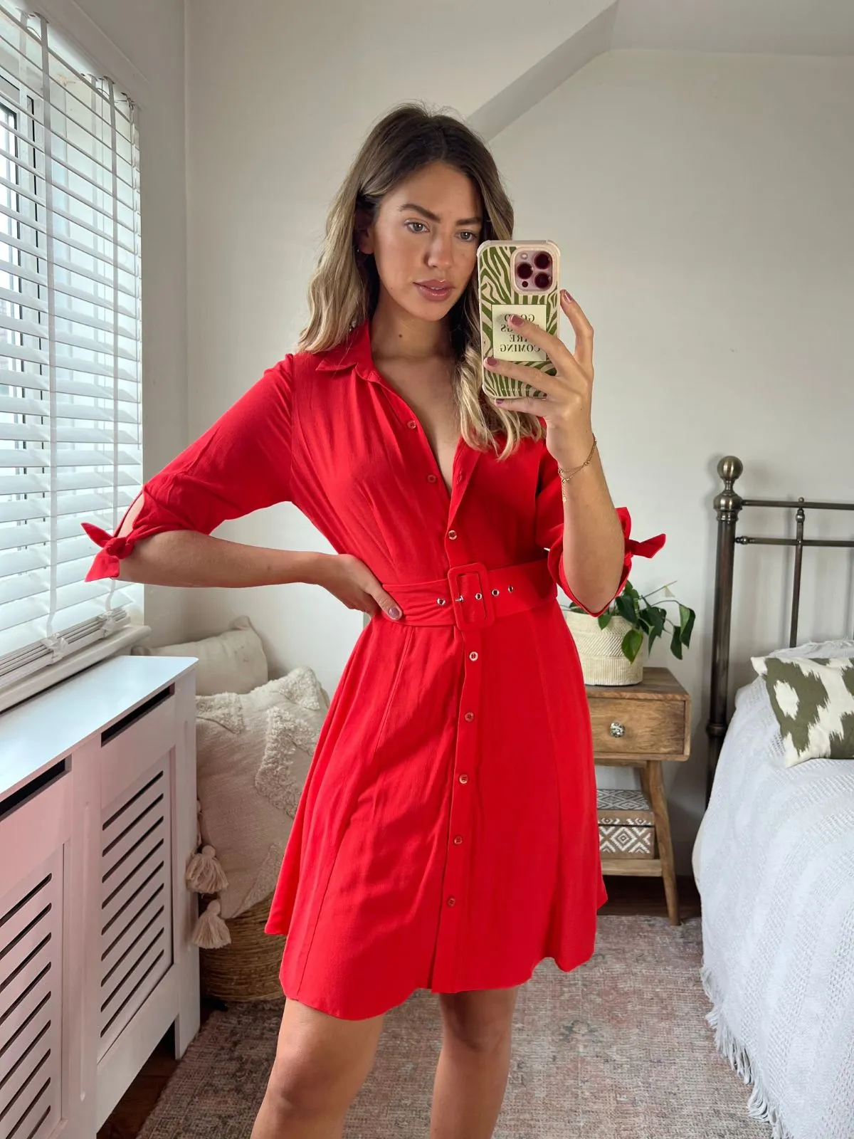 Olivia Mini Belted Shirt Dress / Red Brunch Glow