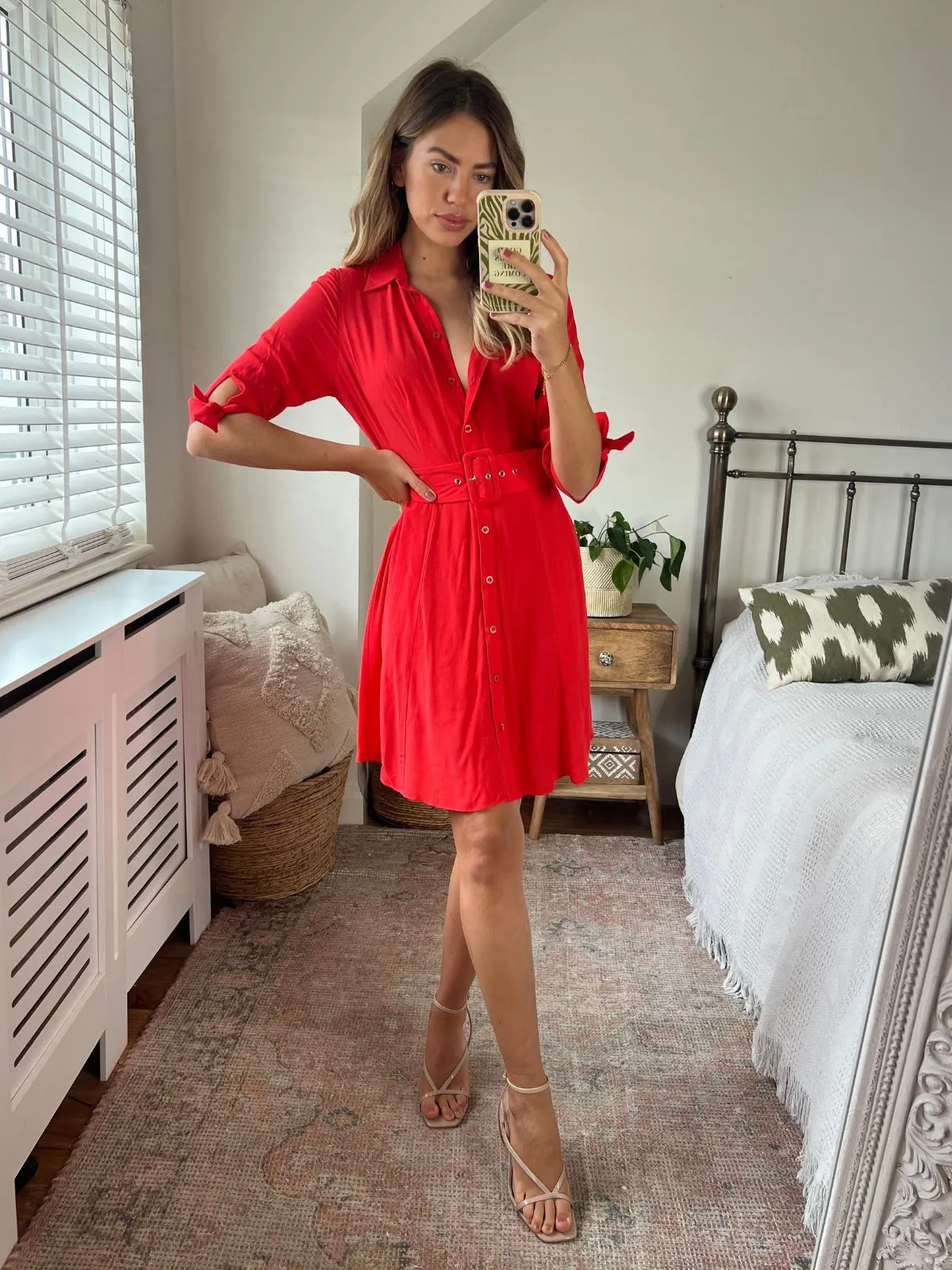 Charming Comfort Olivia Mini Belted Shirt Dress / Red