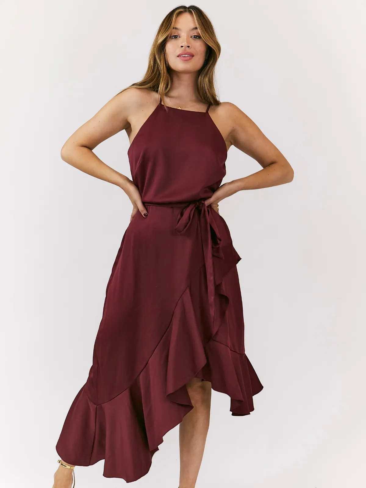Tonal-Stitching Ariana Halter Frill Dress / Mulberry Red