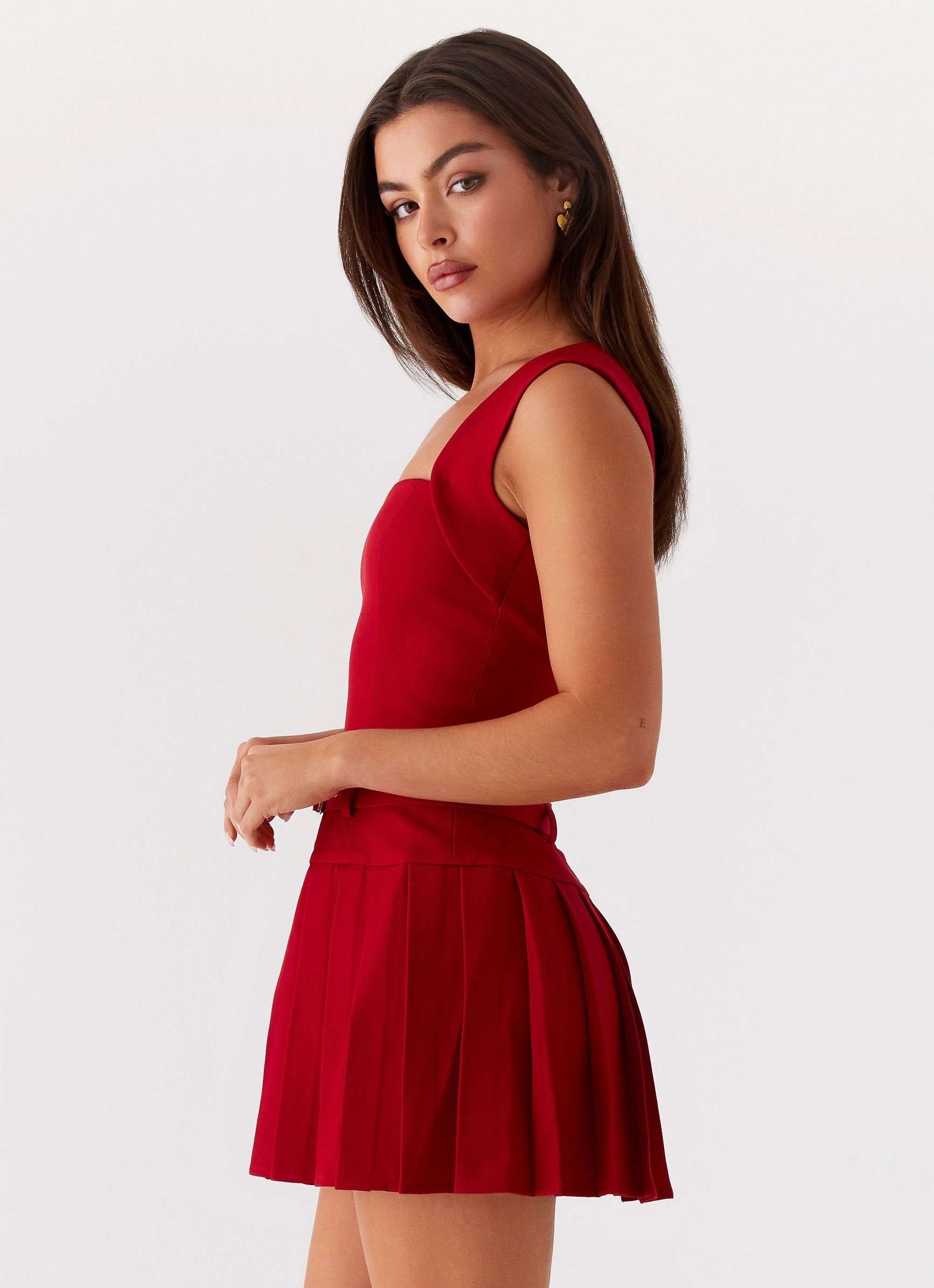 Justina Belted Mini Dress - Red Trendy floral dress Classic Layers