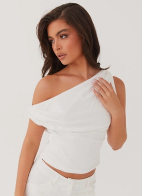 Marissa Linen One Shoulder Top - White Soft Sweater Thermal Insulation Core