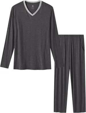 MoFiz Mens Pajama Set Long Sleeve V Neck 2 Piece Nightwear Loungewear Sleepwear Modal Pants With Pockets Pj's Sleep for Men