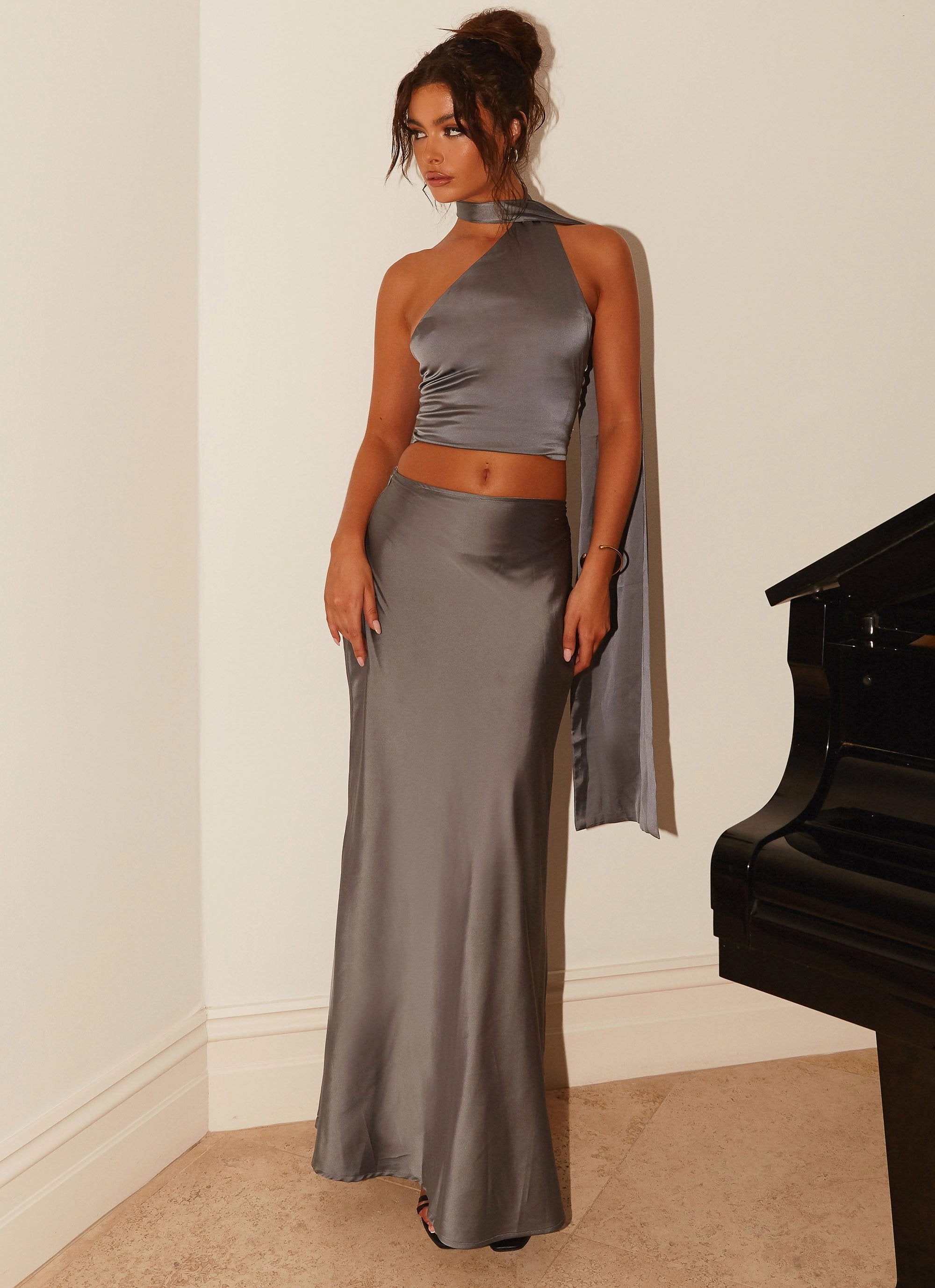 Josefina Satin Maxi Skirt - Slate Everyday Urban Style